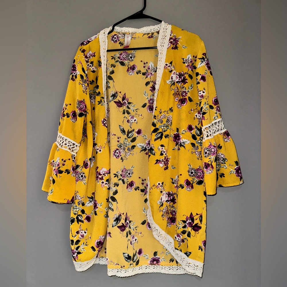 No Boundaries Yellow Floral Kimono with Lace